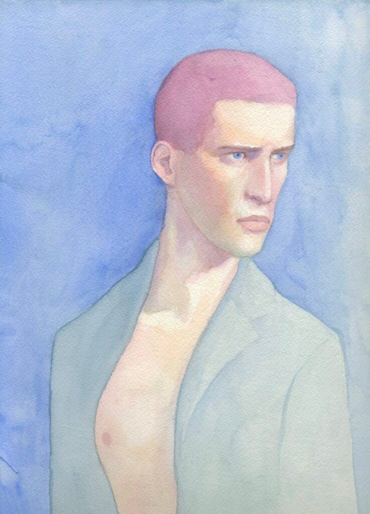 Man in purple and blue, watercolour on paper
