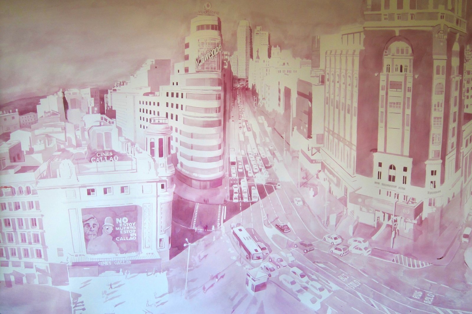 La Gran Vía, Madrid, painted with red wine by Alfonso Aguirre